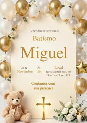 Convite de Batismo Ursinho Dourado e Branco para Editar