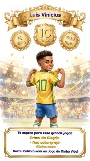 Convite de Aniversário Futebol Brasil Aquarela Editável