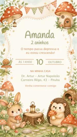 Convite Editável Aniversário Animais do Bosque Aquarela