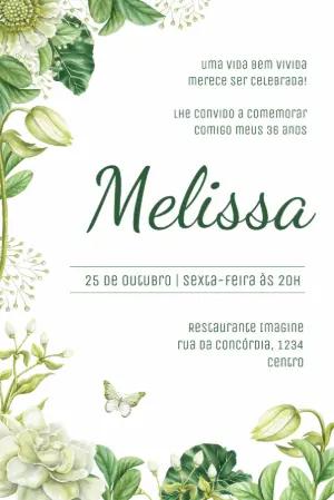 Convite de Aniversário Adulto Floral Verde Editável