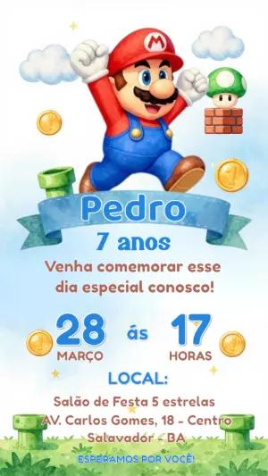Convite de Aniversário Super Mario Editável com Tema de Jogo