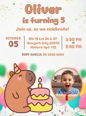 Cute Capybara Birthday Invitation Editable Template with photo