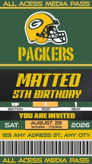 Editable Football Ticket Birthday Invitation for Packers Fans