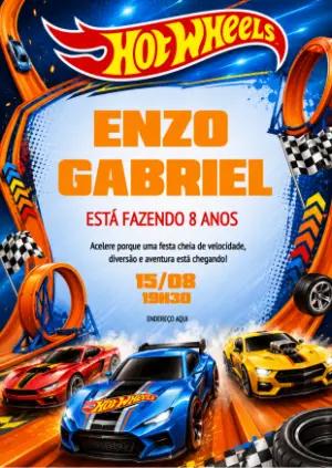 Convite de Aniversário Hot Wheels Corrida Radical Editável