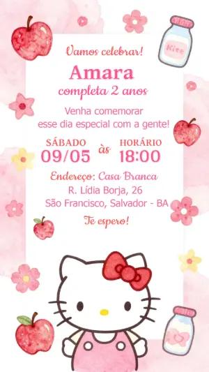 Convite de Aniversário Hello Kitty Rosa Aquarela para Editar