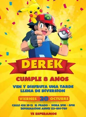 Invitación de Cumpleaños Pokémon con Ash y Pikachu para Editar