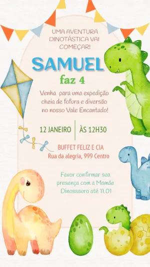 Convite de Aniversário Dinossauro Aquarela Fofo para Editar