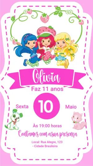 Convite Digital Infantil Moranguinho e Amigas Editável