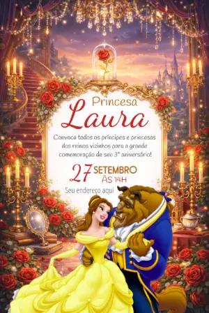 Convite de Aniversário A Bela e a Fera Dourado para Editar