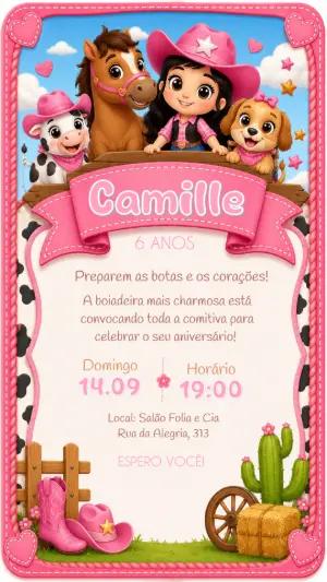 Convite de Aniversário Boiadeira Rosa para Editar