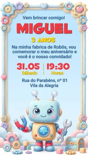 Convite de Aniversário Infantil Robô Fofo para Editar