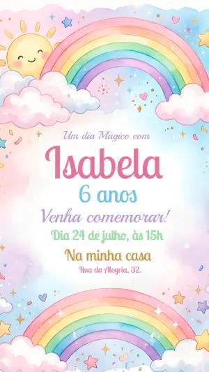 Convite de Aniversário Arco-íris Aquarela Fofo para Editar