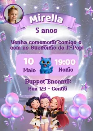 Convite de Aniversário Guerreiras K-Pop com Foto para Editar