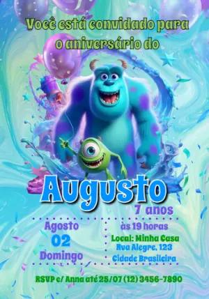 Convite de Aniversário Monstros S.A. Colorido para Editar