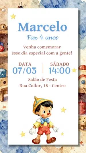 Convite de Aniversário Pinóquio Aquarela para Editar