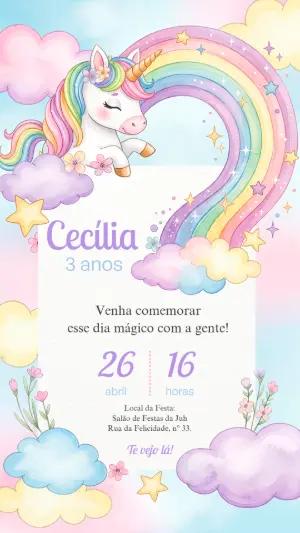 Convite de Aniversário Unicórnio Aquarela para Editar