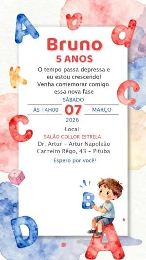 Convite de Aniversário Infantil Alfabeto Aquarela Editável