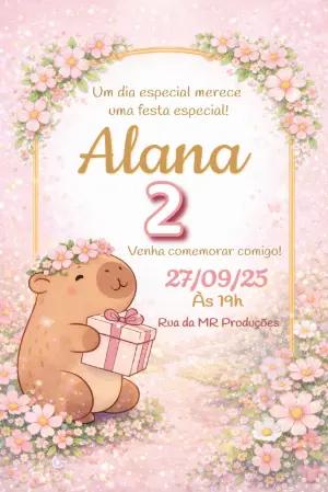 Convite de Aniversário Infantil Capivara Floral para Editar