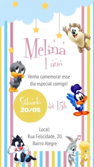 Convite Animado Aniversário Baby Looney Tunes para Editar Online