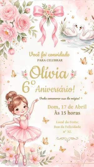 Convite de Aniversário Bailarina Aquarela Rosa Editável