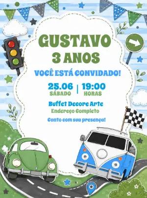 Convite de Aniversário Kombi e Fusca para Editar