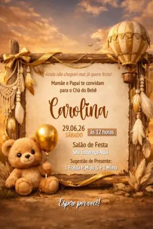 Convite Chá de Bebê Ursinho Baloeiro Boho Editável