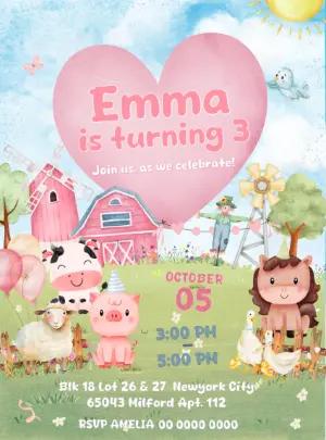 Cute Farm Birthday Invitation with Animals Editable Online