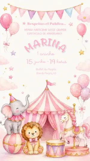 Convite Digital Aniversário Circo Rosa para Menina Editável