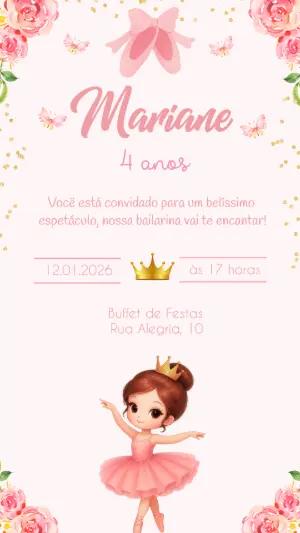 Convite de Aniversário Bailarina Rosa e Dourado para Editar