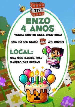 Convite de Aniversário Minecraft com Blocos para Editar Online