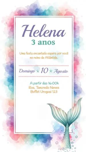 Convite Aniversário Sereia Aquarela para Editar Online