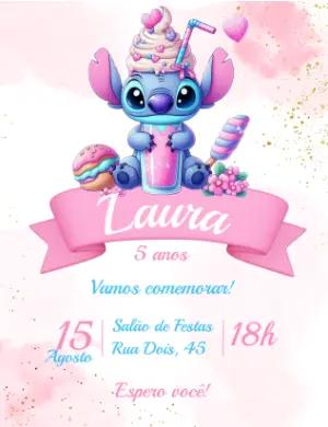 Convite de Aniversário Stitch Rosa Candy para Editar Online