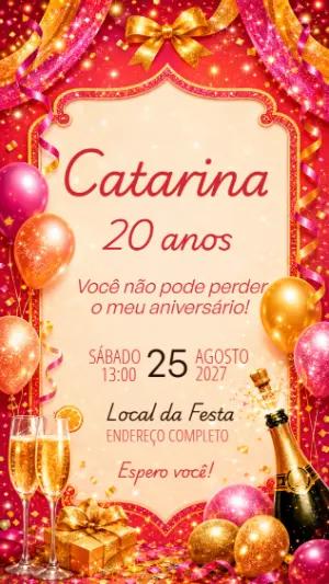 Convite de Aniversário Adulto Glamour Vermelho e Dourado Editável