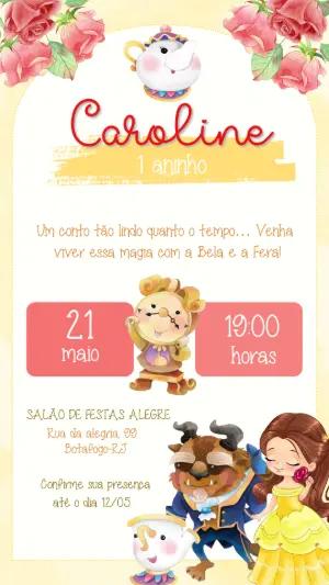 Convite Digital Infantil A Bela e a Fera Modelo Editável