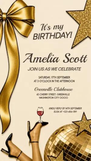 Glamorous Gold & Black Birthday Party Invitation Template