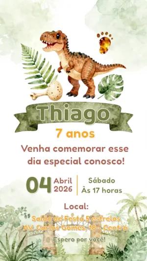 Convite de Aniversário Dinossauro Aquarela para Editar