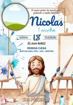 Convite Aniversário Jesus Pintor Aquarela com Foto Editável