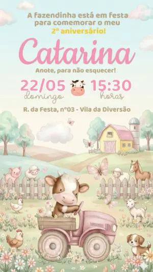 Convite de Aniversário Fazendinha Rosa Aquarela para Editar