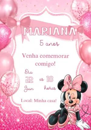 Convite de Aniversário Minnie Rosa com Glitter para Editar