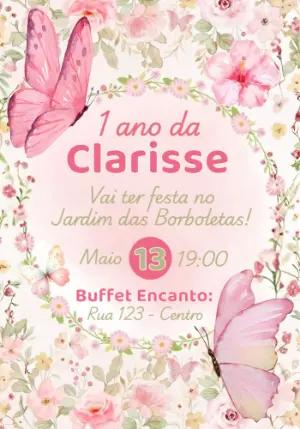 Convite de Aniversário Jardim das Borboletas Aquarela Editável