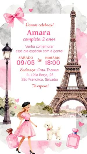 Convite de Aniversário Tema Paris Rosa Aquarela para Editar