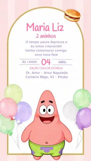 Convite de Aniversário Patrick Estrela rosa e fofo para editar