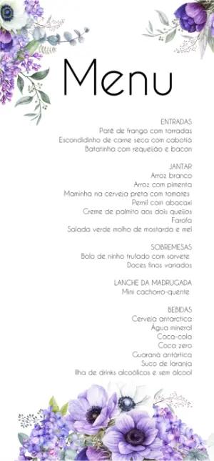 Menu de Casamento Floral Roxo para Editar Online