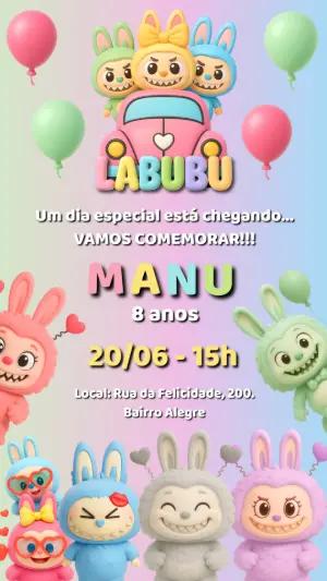 Convite de Aniversário Labubu com Personagens Fofos para Editar