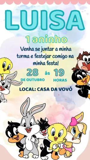 Convite de Aniversário Looney Tunes Baby Colorido para Editar