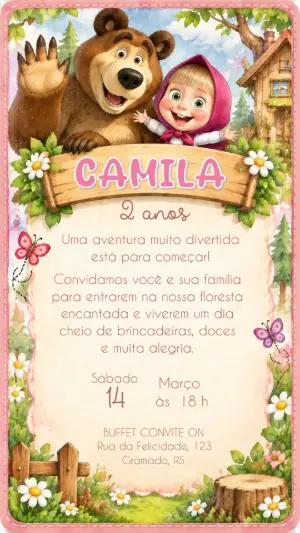 Convite de Aniversário Marsha e o Urso Editável Online Infantil
