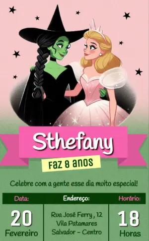 Convite Aniversário Infantil Wicked Bruxinha e Princesa Editável