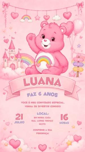 Convite de Aniversário Ursinhos Carinhosos Rosa Editável