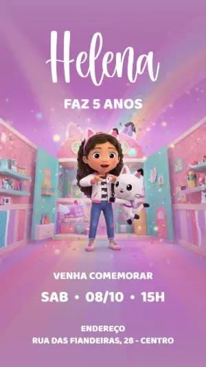 Convite Digital Infantil A Casa Mágica da Gabby para Editar