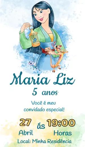 Convite de Aniversário Mulan Aquarela Editável